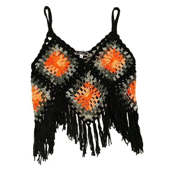 Woven Crochet Aztec Tassel Bohemien Cropped Tank Top Shirt - Picture 2 of 5